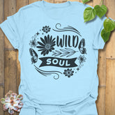 Light Blue t-shirt featuring the design Wild Soul printed in bold black letters, floral graphic tee.