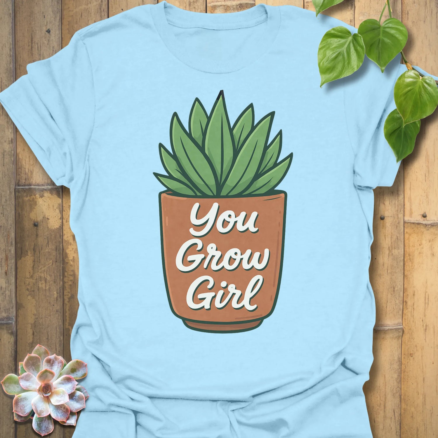 Light Blue t-shirt featuring the design You Grow Girl printed in inspiring plant lover shirt.