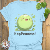 Light blue t-shirt displaying a cheerful green pea cartoon with the word “HapPeaness!” underneath