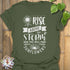 Military Green t-shirt featuring the design Above The Storm printed in bold letters, floral inspirational sunflower graphic shirt.