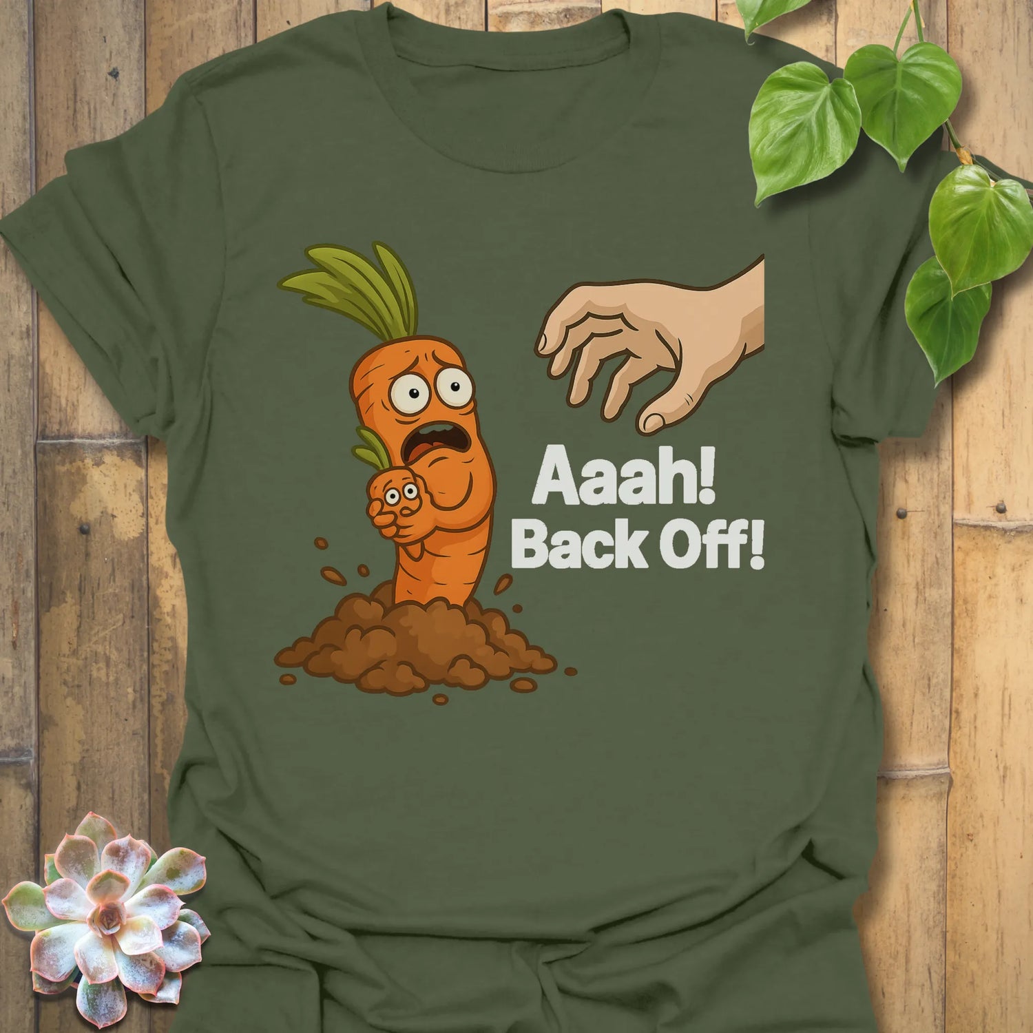 Military Green t-shirt featuring the design Back Off! printed in bold white letters, funny attitude shirt.