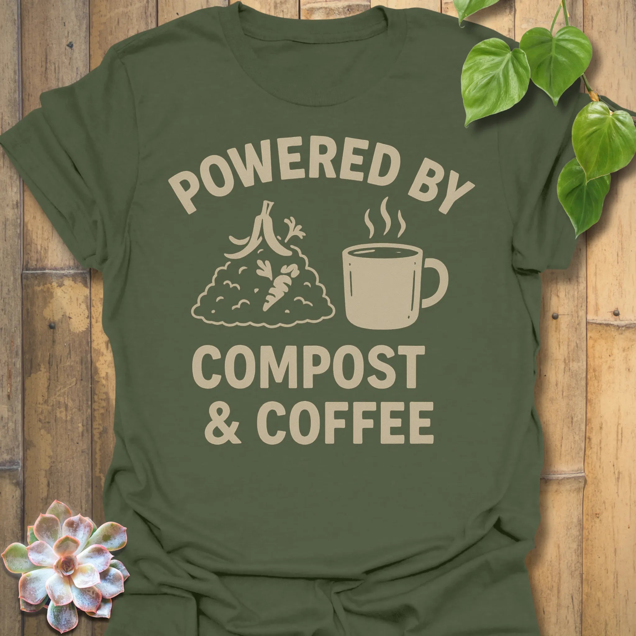 Military Green t-shirt featuring the design Compost &amp; Coffee printed in bold letters, eco-conscious garden tee.