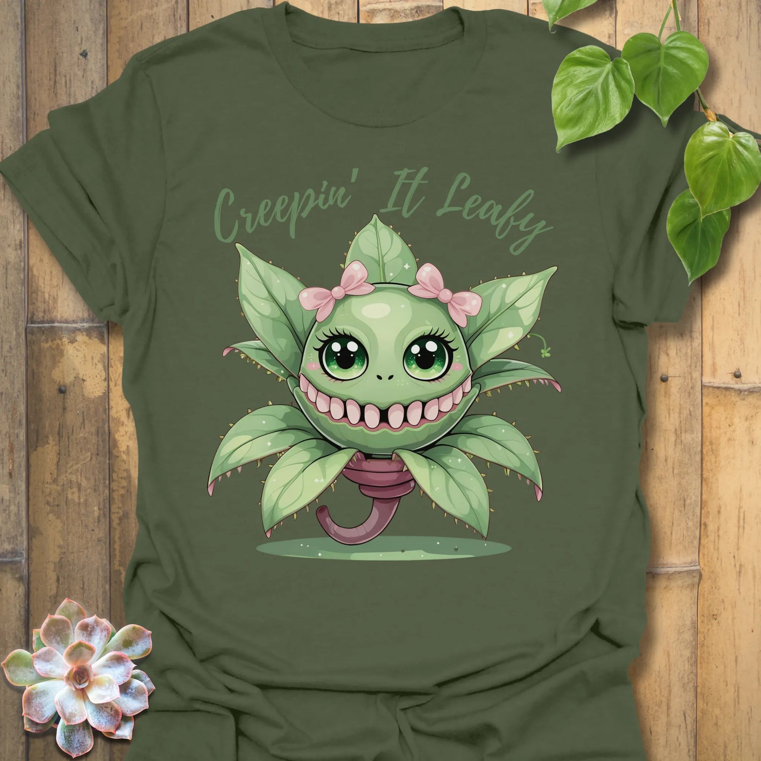 Military Green t-shirt featuring the design Creepin’ It Leafy printed in funny garden shirt.