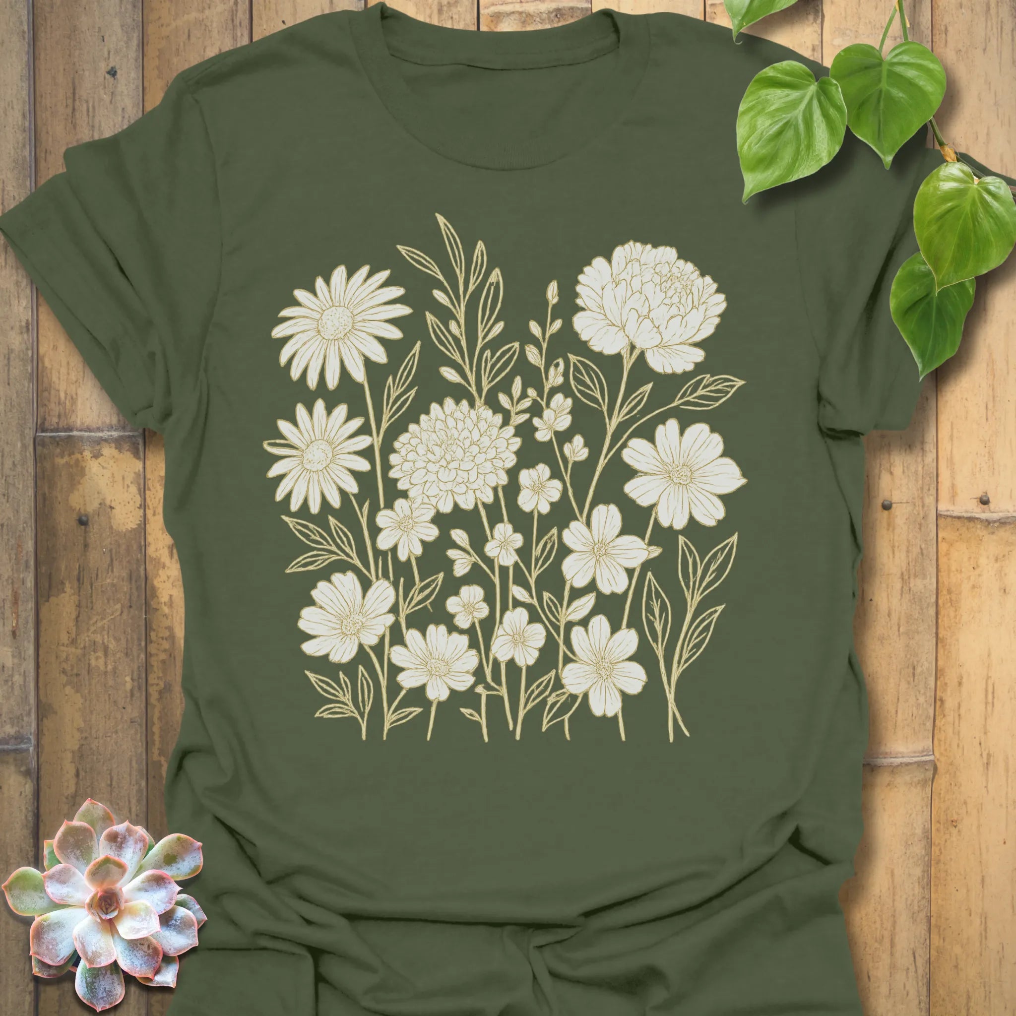Military Green t-shirt featuring the design Eternal Flowers printed in floral graphic, flower lover t-shirt.