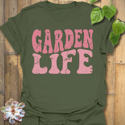 Military Green t-shirt featuring the design Garden Life printed in bold letters, garden lover shirt.