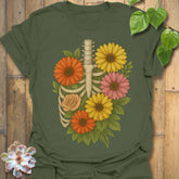 Military Green t-shirt featuring the design Gerbera Bones printed in floral skeleton graphic tee.