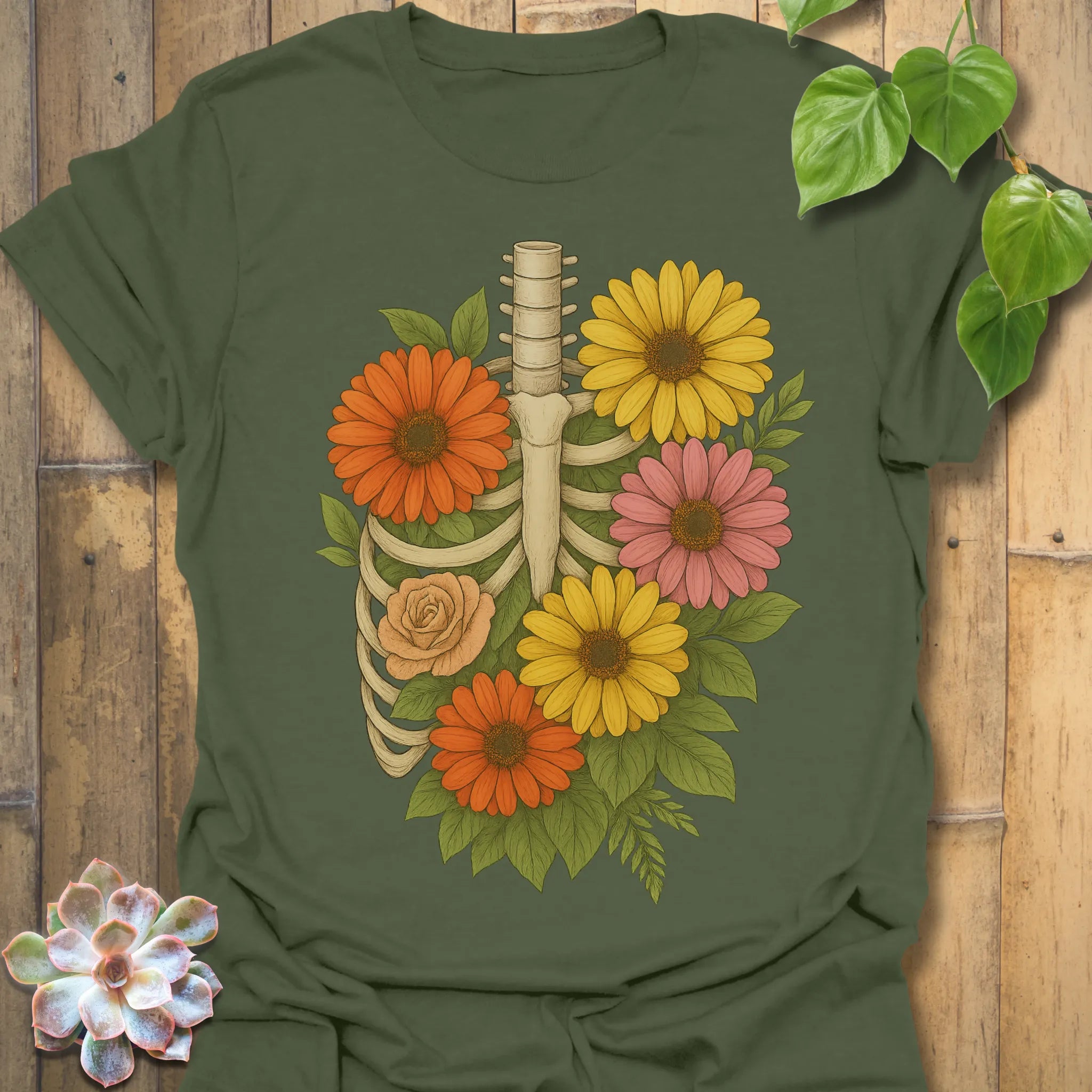 Military Green t-shirt featuring the design Gerbera Bones printed in floral skeleton graphic tee.