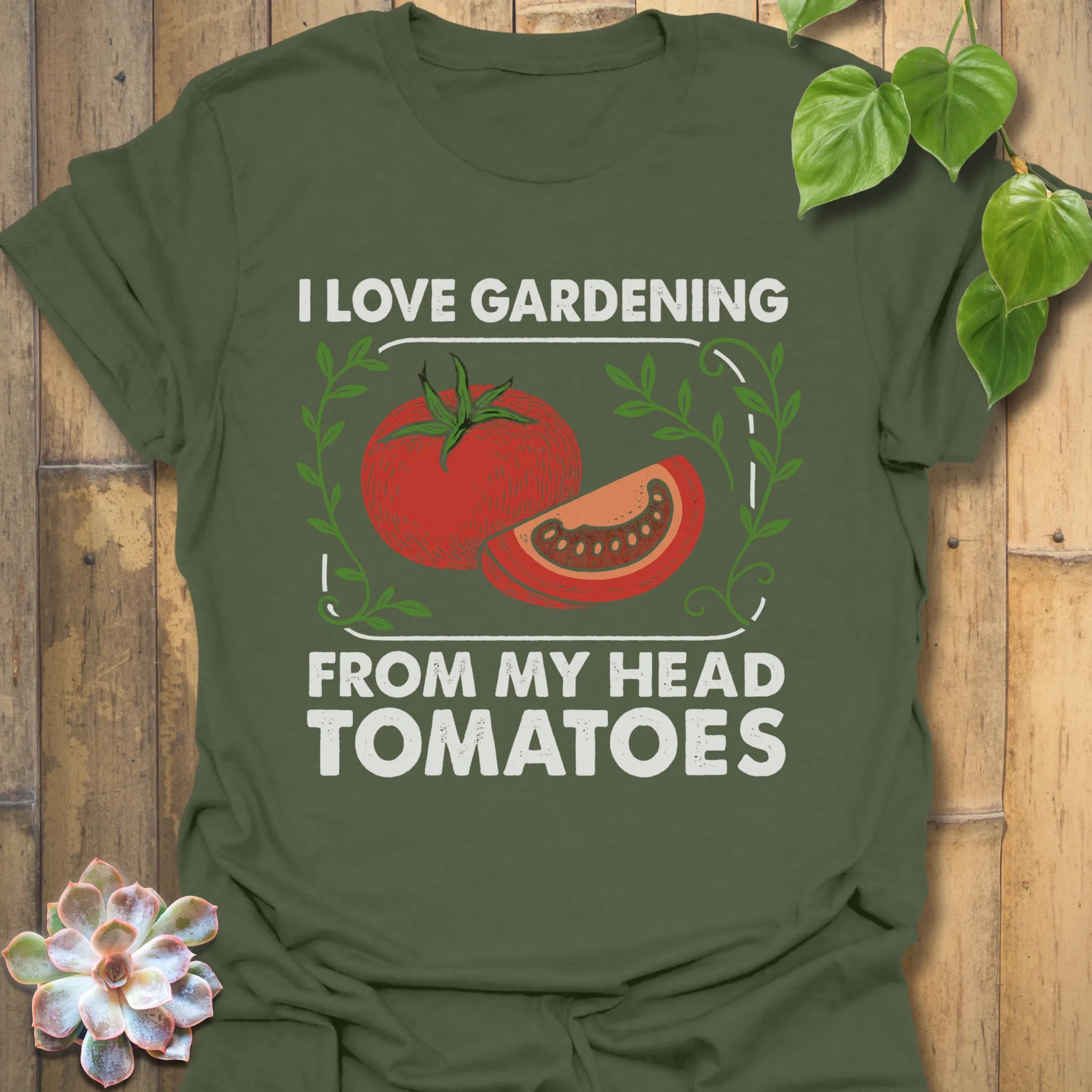 Military Green t-shirt featuring the design I Love Gardening printed in bold white letters, garden lover t-shirt.