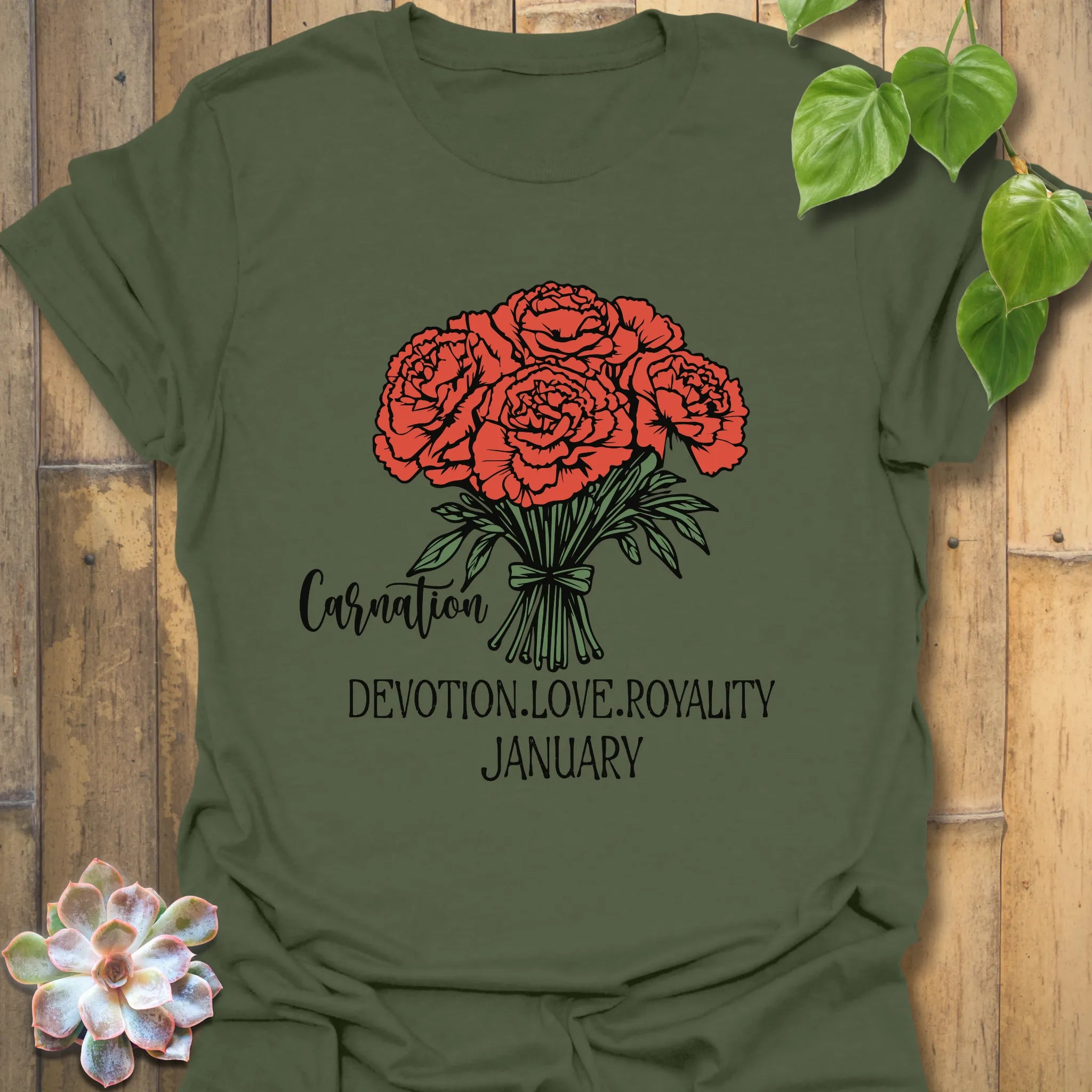 Military Green t-shirt featuring the design January Carnation with a print of rose flower, a nature-inspired floral graphic tee for everyday wear.