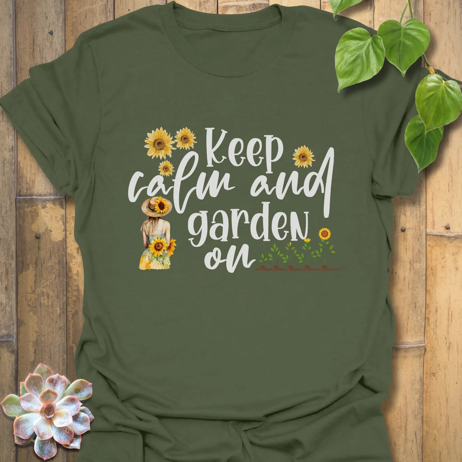 Military Green t-shirt featuring the design Keep Calm and Garden On, outdoor gardening shirt.