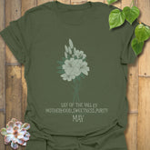 Military Green t-shirt featuring the design May Lily of the Valley with Rose flower print, a nature-inspired botanical shirt for floral outfit enthusiasts.