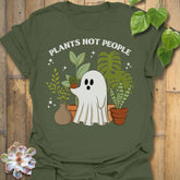 Military Green t-shirt featuring the design Plants Not People printed in bold white letters, halloween plant lover graphic tee.