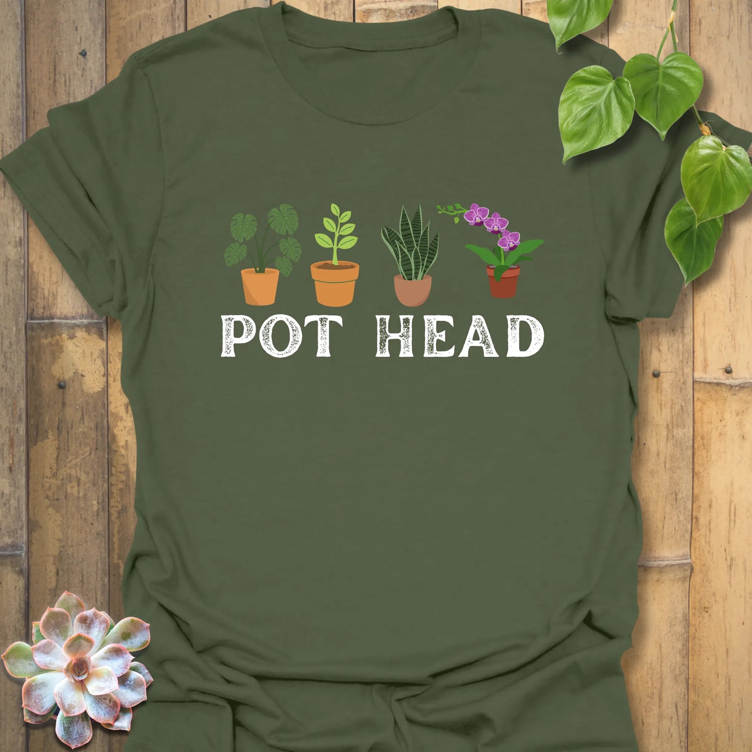 Military Green t-shirt featuring the design Pot Head with flowers in a pot, trendy garden humour tee.