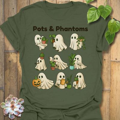 Military Green t-shirt featuring the design Pots &amp; Phantom printed in bold black letters, halloween graphic shirt