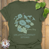 Military Green t-shirt featuring the design September Morning Glory with a flower print, a nature-inspired floral graphic tee with a rustic earthy style.