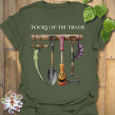 Military Green t-shirt featuring the design Tools Of The Trade printed in bold letters, garden tools shirt.