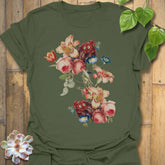 Military Green t-shirt featuring the design Victorian Bloom printed in elegant floral artwork, vintage flower shirt.