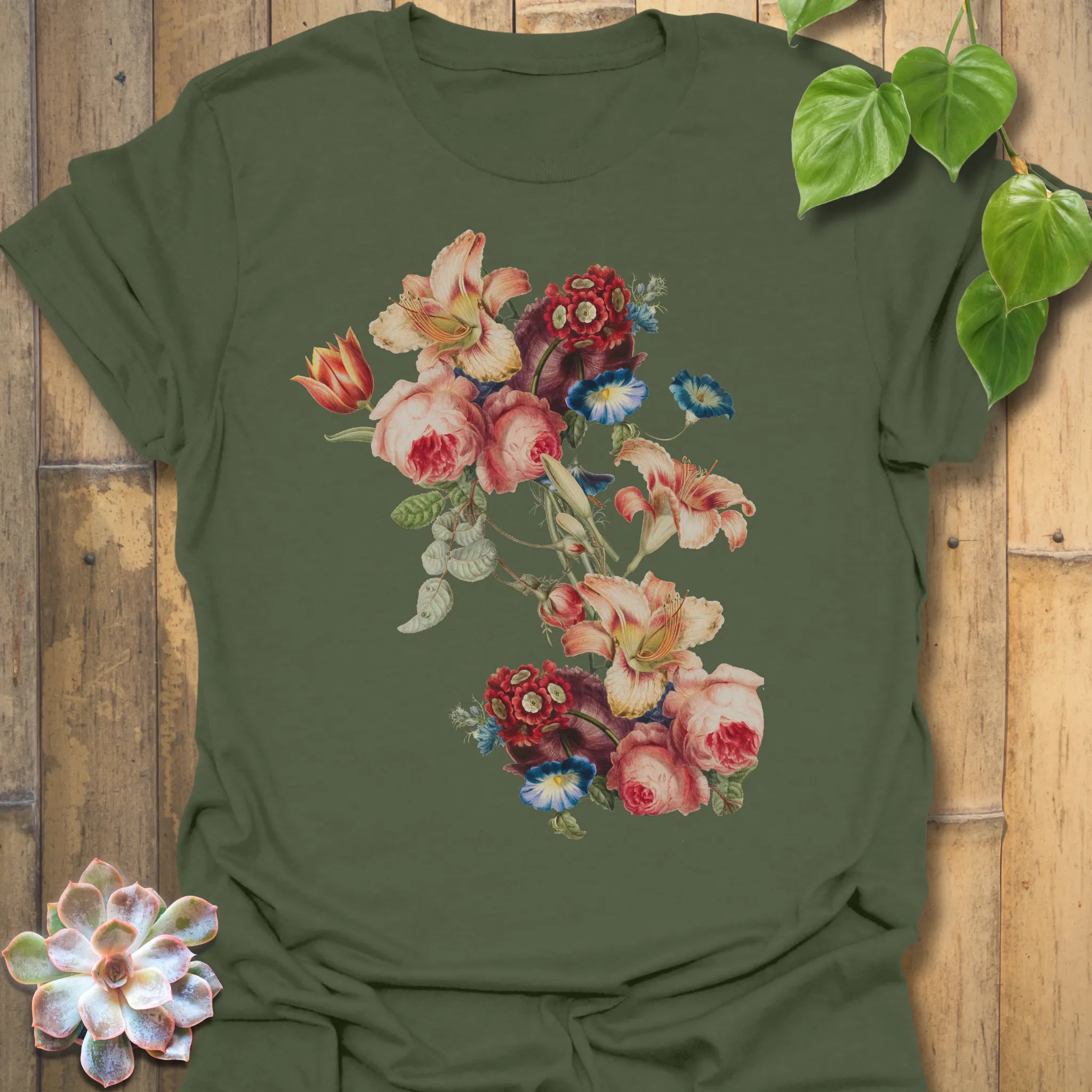 Military Green t-shirt featuring the design Victorian Bloom printed in elegant floral artwork, vintage flower shirt.