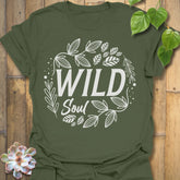 Military Green t-shirt featuring the design Wild Soul printed in bold white letters, nature-inspired shirt.