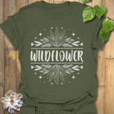 Military Green t-shirt featuring the design Wildflower printed in bold white letters, floral graphic shirt.