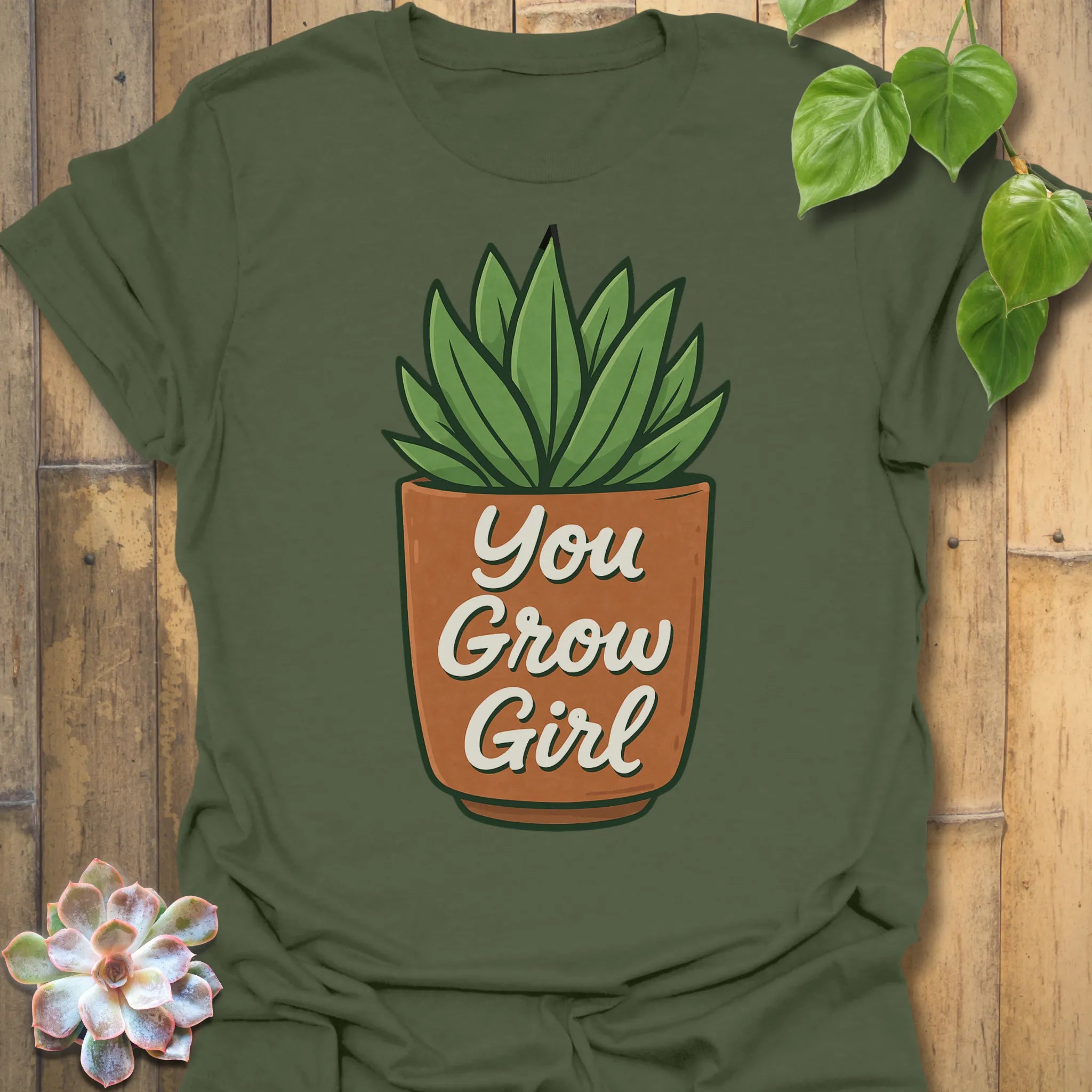 Military Green t-shirt featuring the design You Grow Girl printed in inspiring plant lover shirt.