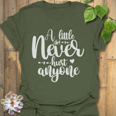 Military green gardening t-shirt with the phrase A Little Dirt Never Hurt Anyone printed in outdoor-themed text.