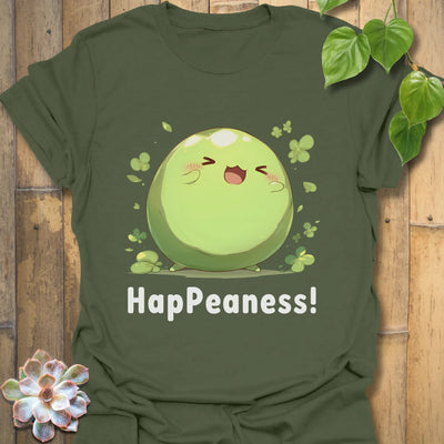 Military green t-shirt featuring a cartoon pea with a happy face and the phrase “HapPeaness!”