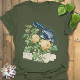 Military green t-shirt featuring the Botanical Flight design with a bird and flower print