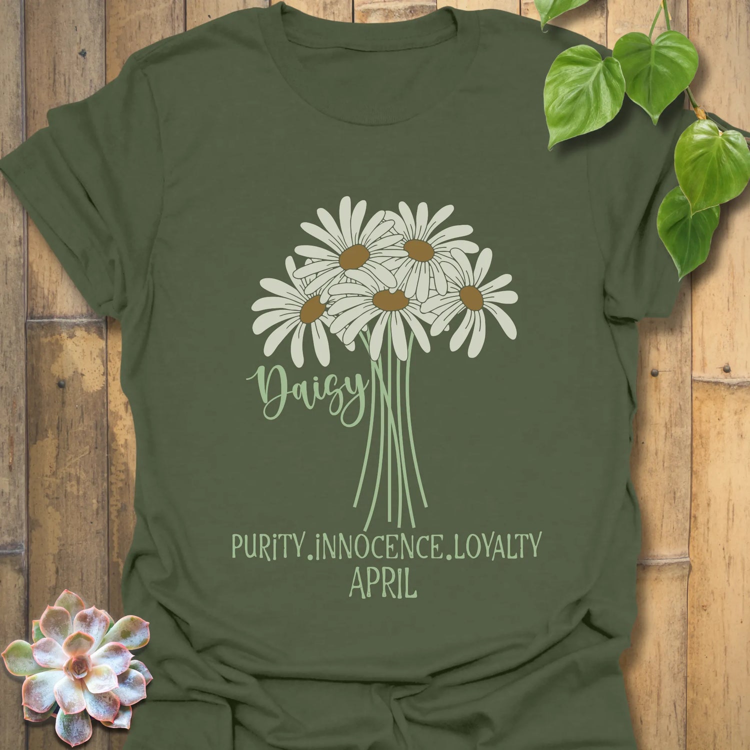 Military green t-shirt featuring the design April Daisy with a print of rose flower, a nature-inspired floral shirt for everyday wear.