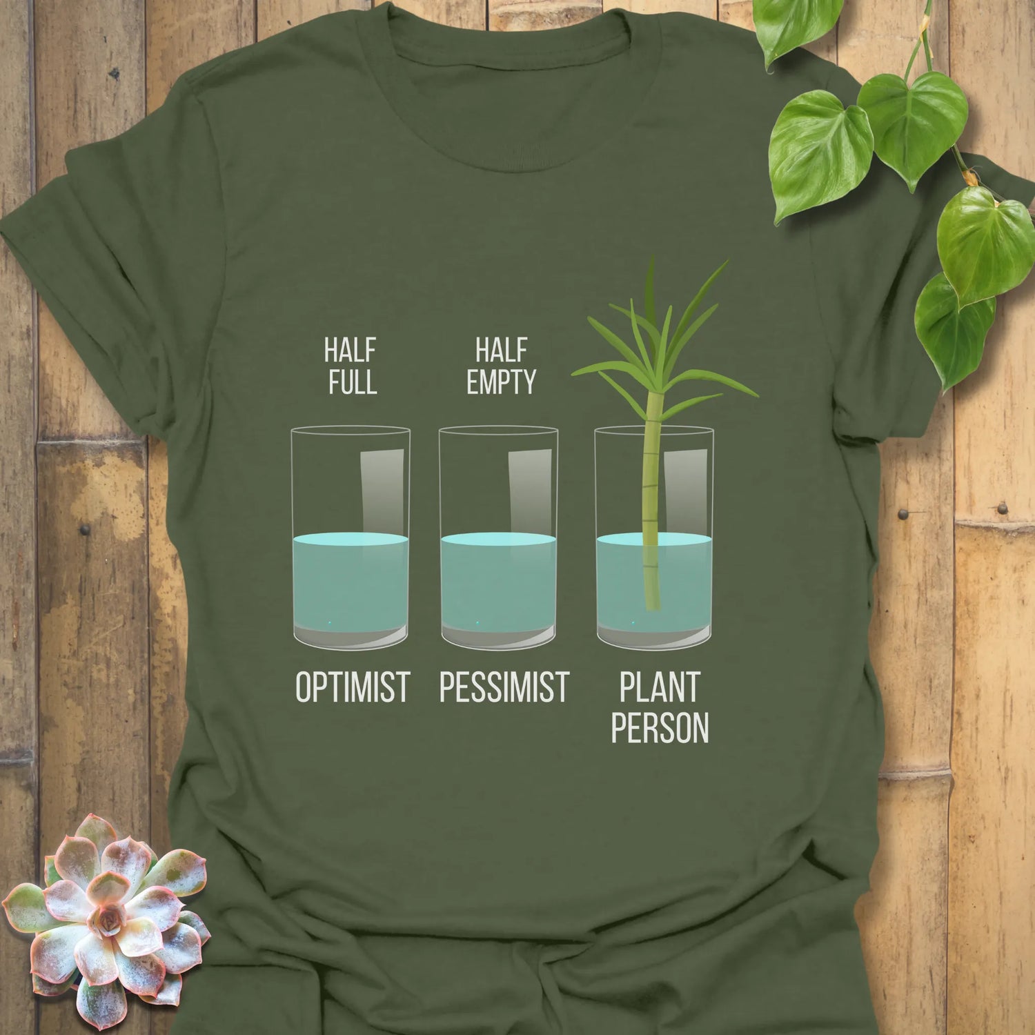 Military green t-shirt featuring the design Plant Person, botanical plant lover tee.