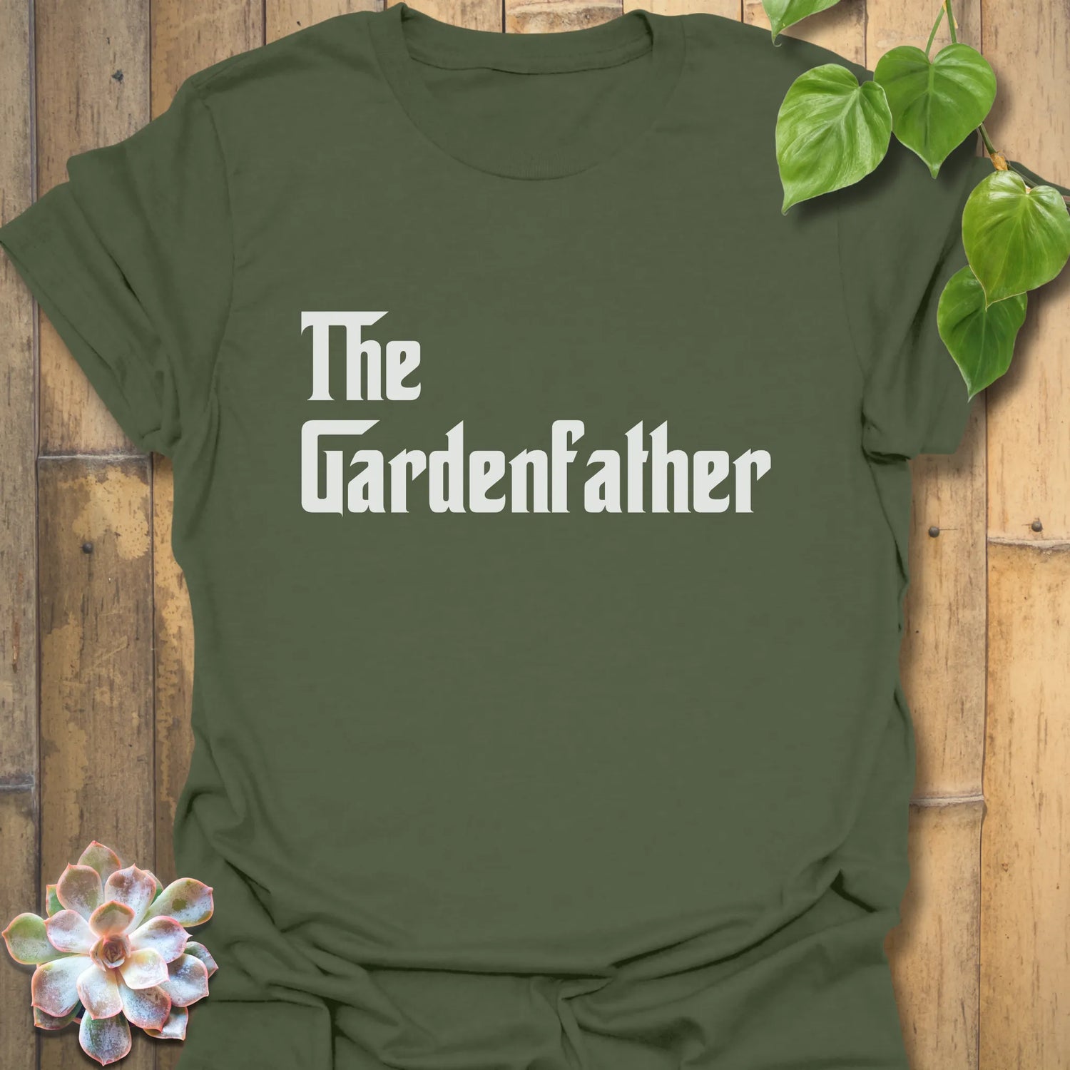 Military green t-shirt featuring the design The Gardenfather, gardener gift tee