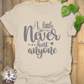 Natural organic cotton garden shirt featuring the design A Little Dirt Never Hurt Anyone in rustic style lettering.