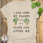 Natural t-shirt featuring the design “I look after My Plants and my plants look after me” eco-friendly gardening shirt.