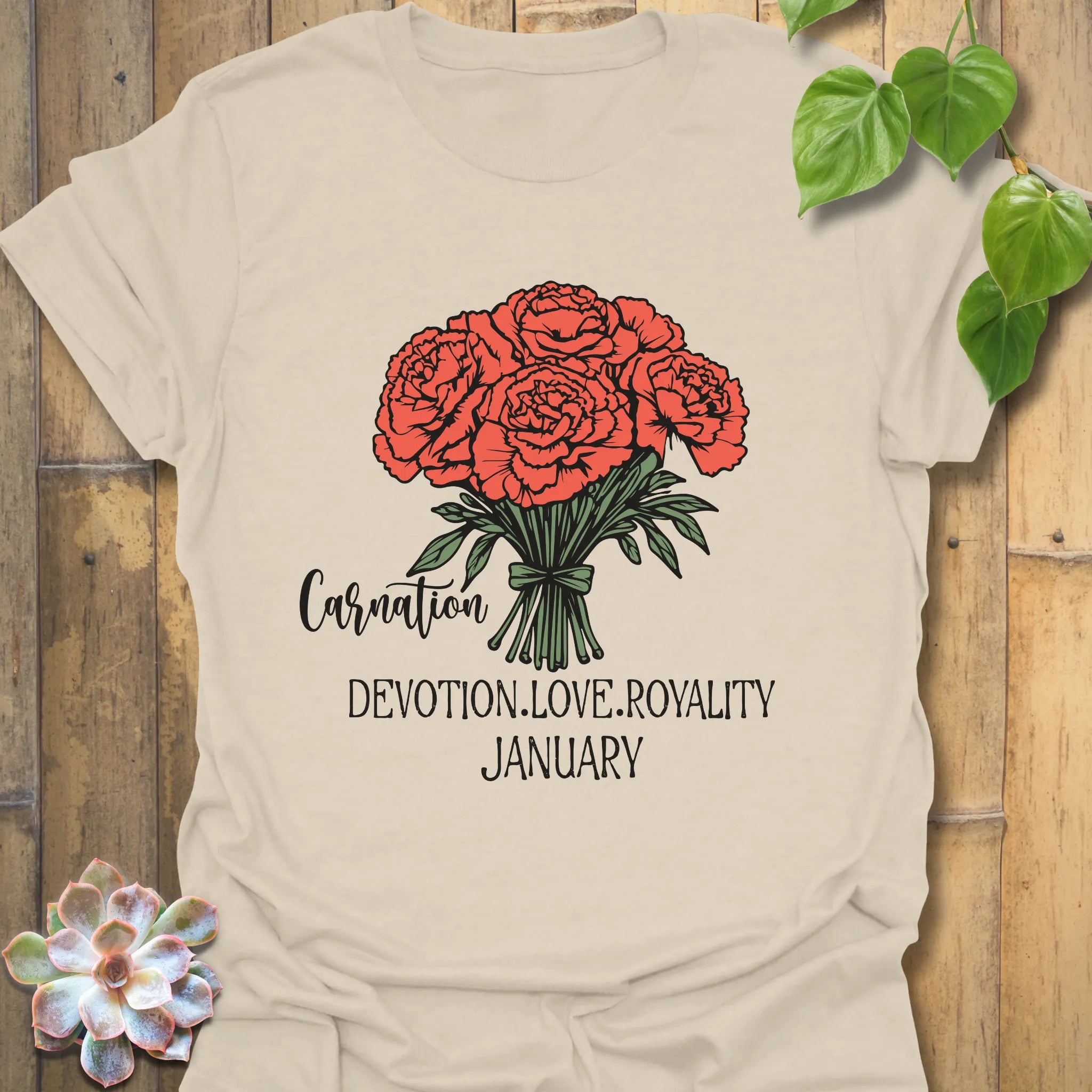 Natural t-shirt featuring the design January Carnation with a print of rose flower, a botanical print shirt ideal for garden and flower enthusiasts.