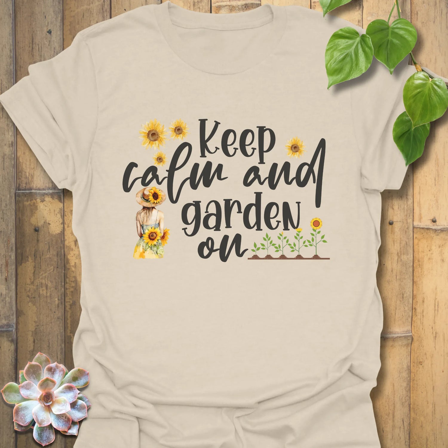 Natural t-shirt featuring the design Keep Calm and Garden On, casual garden lover tee.