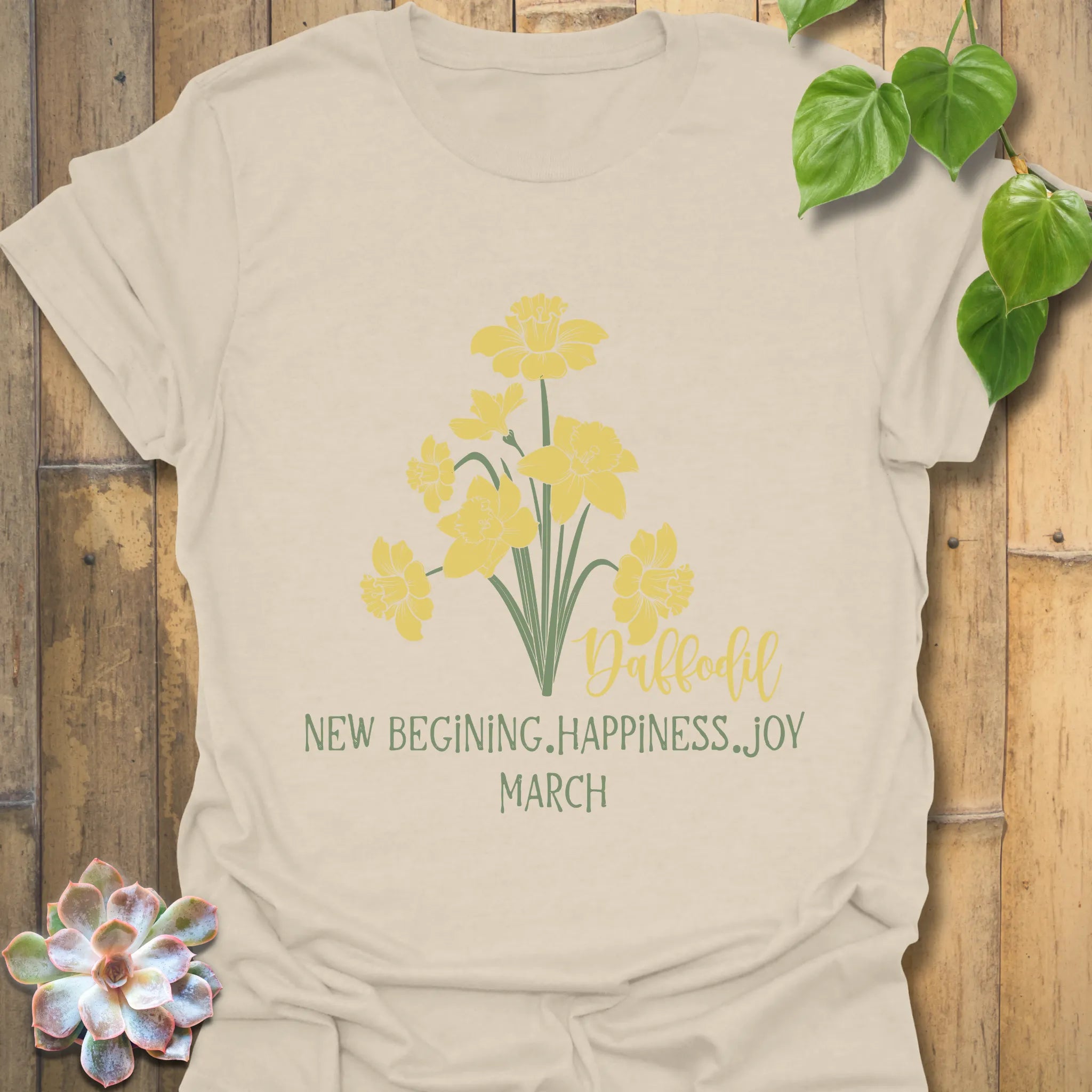 Natural t-shirt featuring the design March Daffodil with a print of flower Rose, an elegant botanical print shirt.