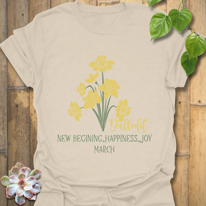 Natural t-shirt featuring the design March Daffodil with a print of flower Rose, an elegant botanical print shirt.