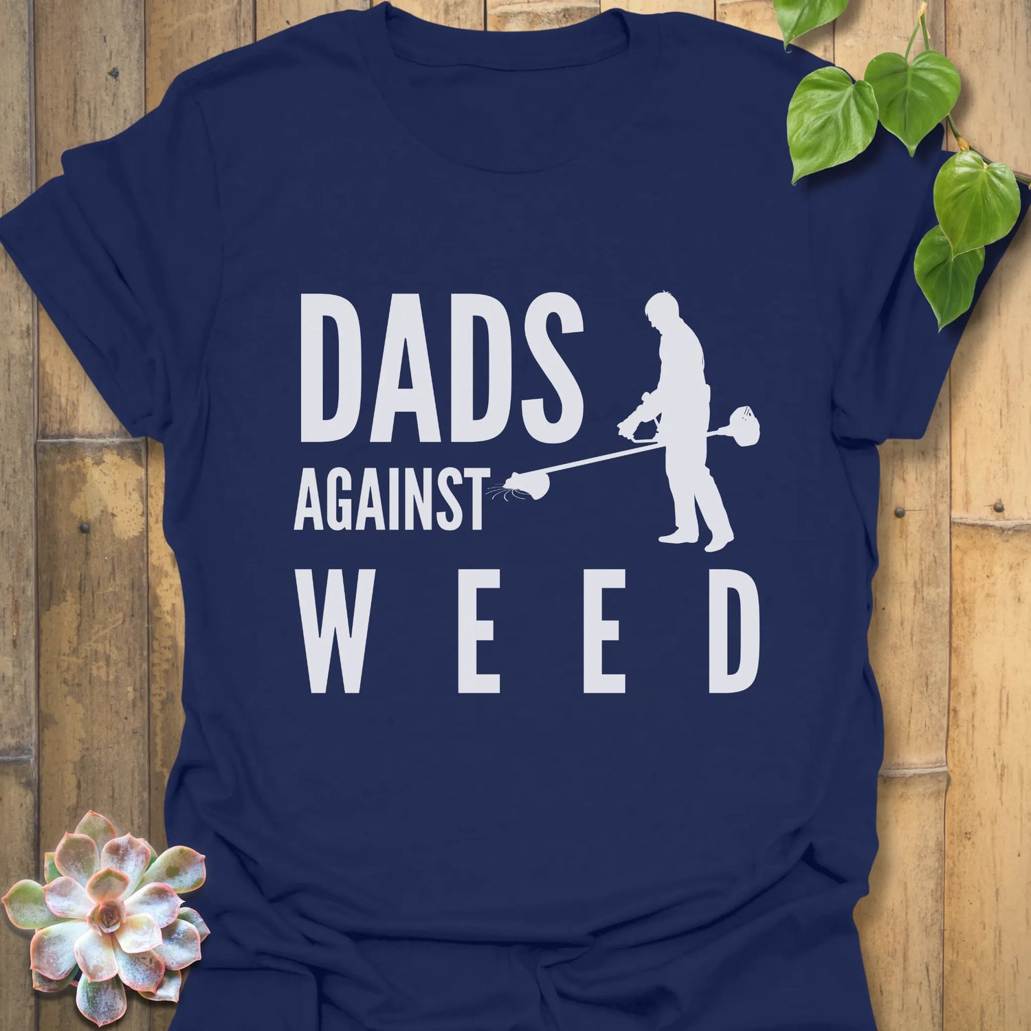 Navy t-shirt featuring the design Dad Against Weeds, garden-themed dad shirt