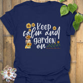 Navy t-shirt featuring the design Keep Calm and Garden On, garden slogan shirt.