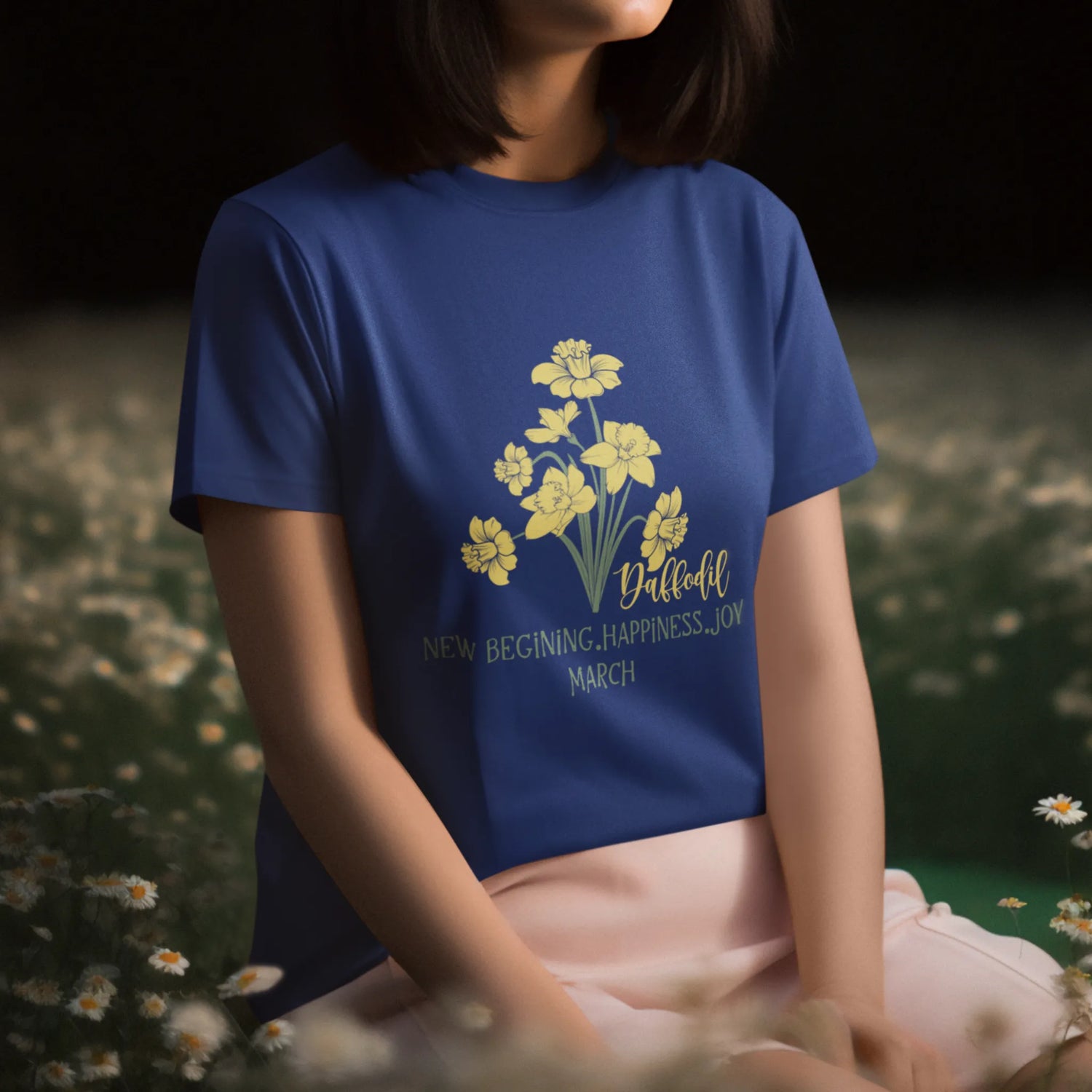 Navy t-shirt featuring the design March Daffodil with a print of flower Rose, a classic botanical flower tee.