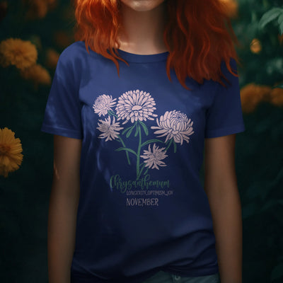 Navy t-shirt featuring the design November Chrysanthemum with a chrysanthemum flower illustration, stylish floral graphic tee for men and women