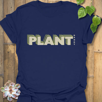 Navy t-shirt featuring the design Plant Dad, trendy shirt for gardeners and plant dads.