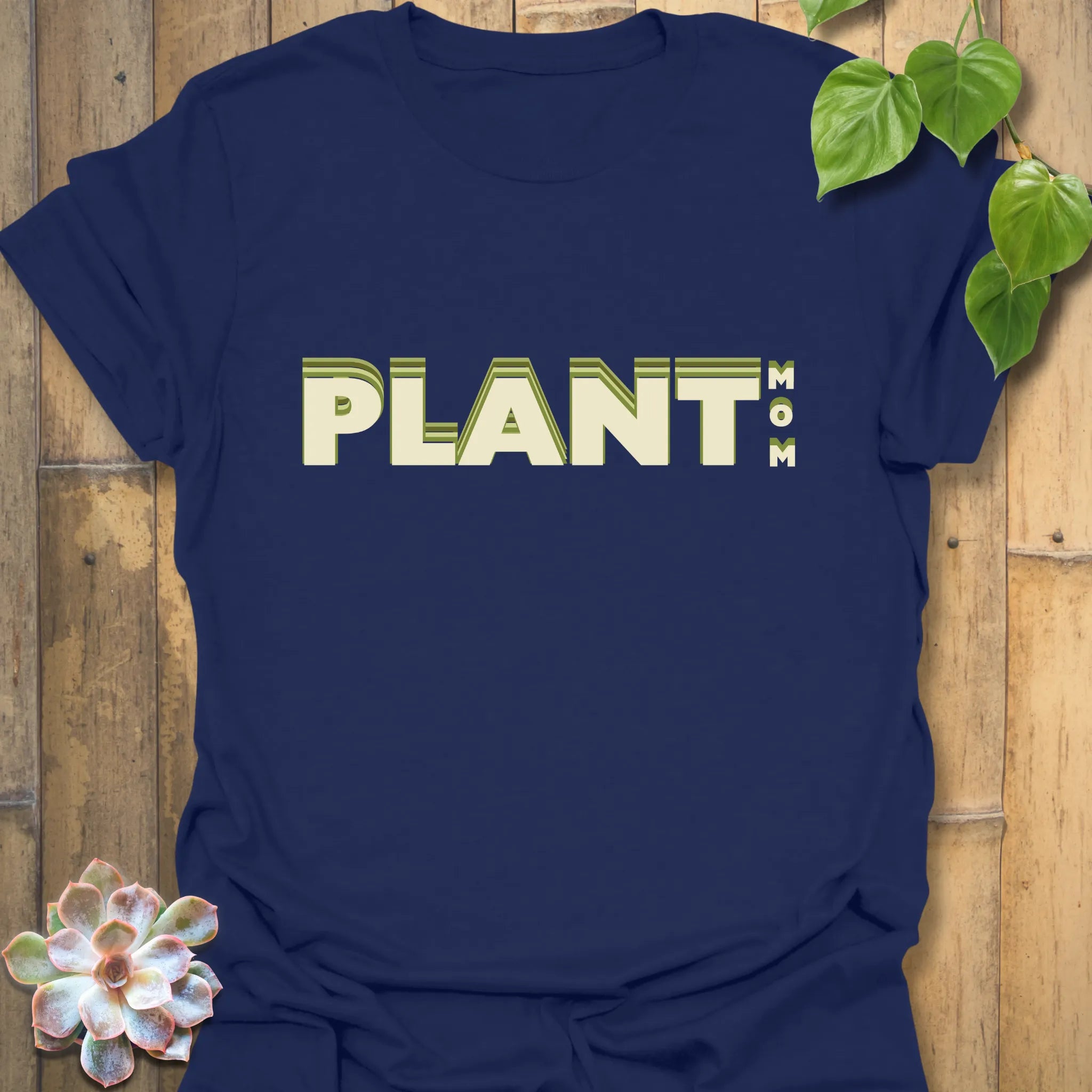 Navy t-shirt featuring the design Plant Mum, chic botanical graphic tee.