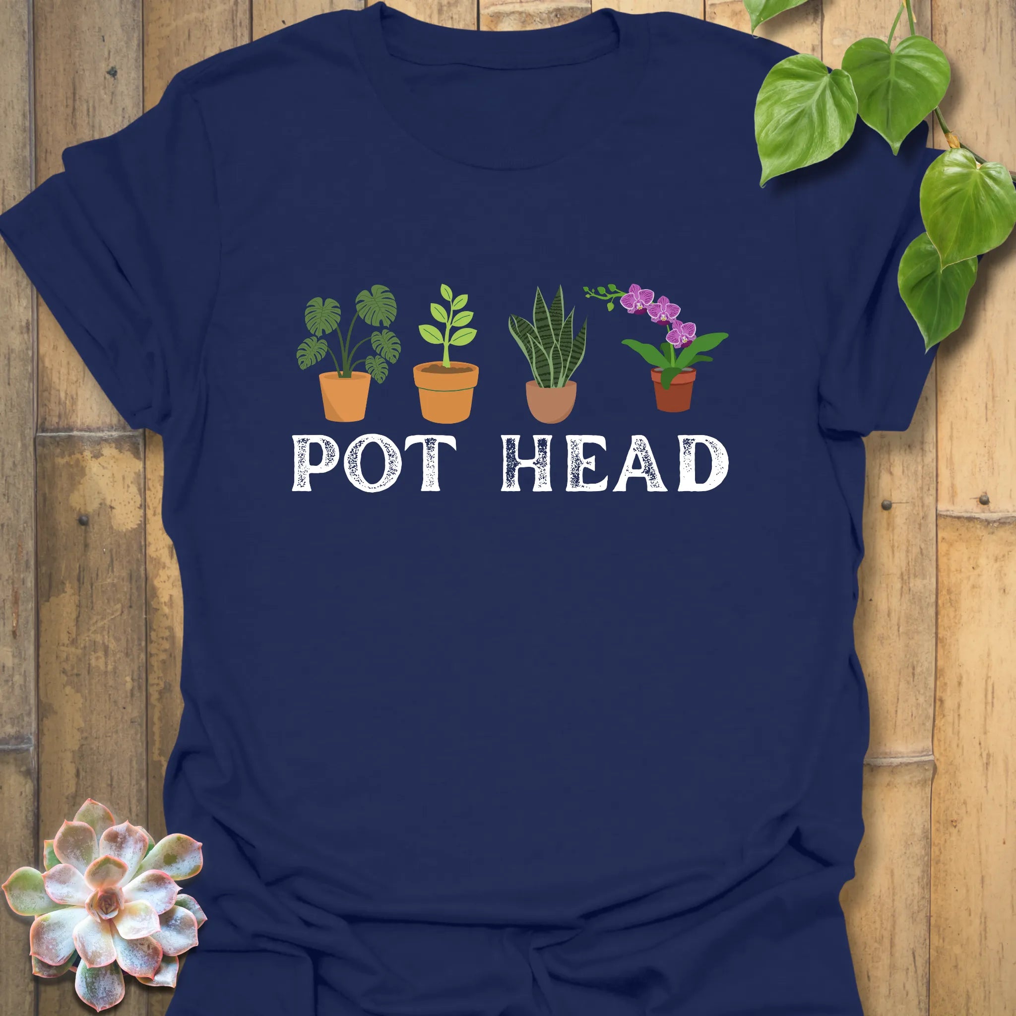 Navy t-shirt featuring the design Pot Head with flowers in a pot, stylish floral print shirt.