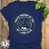 Navy t-shirt featuring the design Proud Member of the My Lawn Club for yard work and garden pride.
