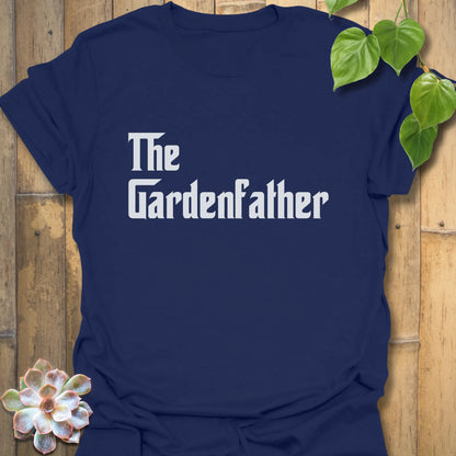 Navy t-shirt featuring the design The Gardenfather, funny gardening shirt.