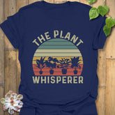 Navy t-shirt featuring the design The Plant Whisperer with a plant in a pot, a perfect casual gardening t-shirt for nature lovers.