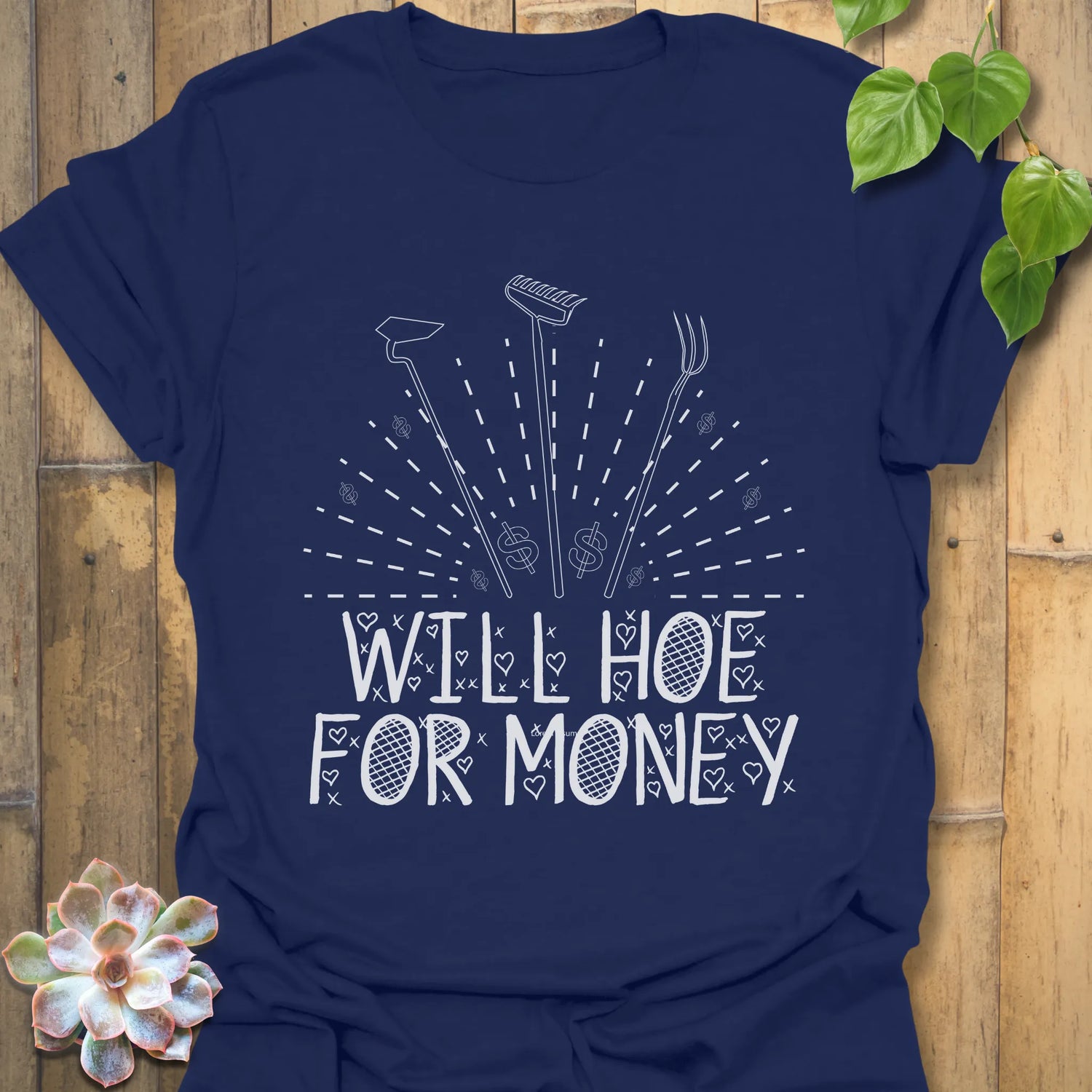 Navy t-shirt featuring the design Will Hoe For Money printed in contrasting white letters, a playful gardening graphic tee for men and women.