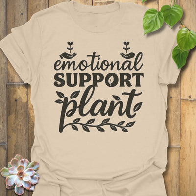 Sand t-shirt featuring the design Emotional Support printed in bold letters, plant wellness graphic shirt.