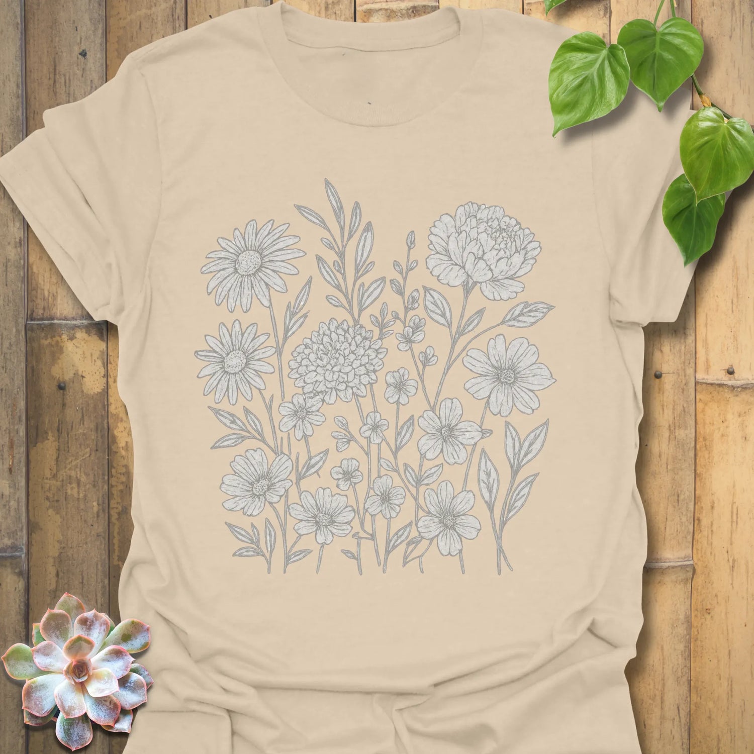 Sand t-shirt featuring the design Eternal Flowers printed in floral graphic, flower lover t-shirt.